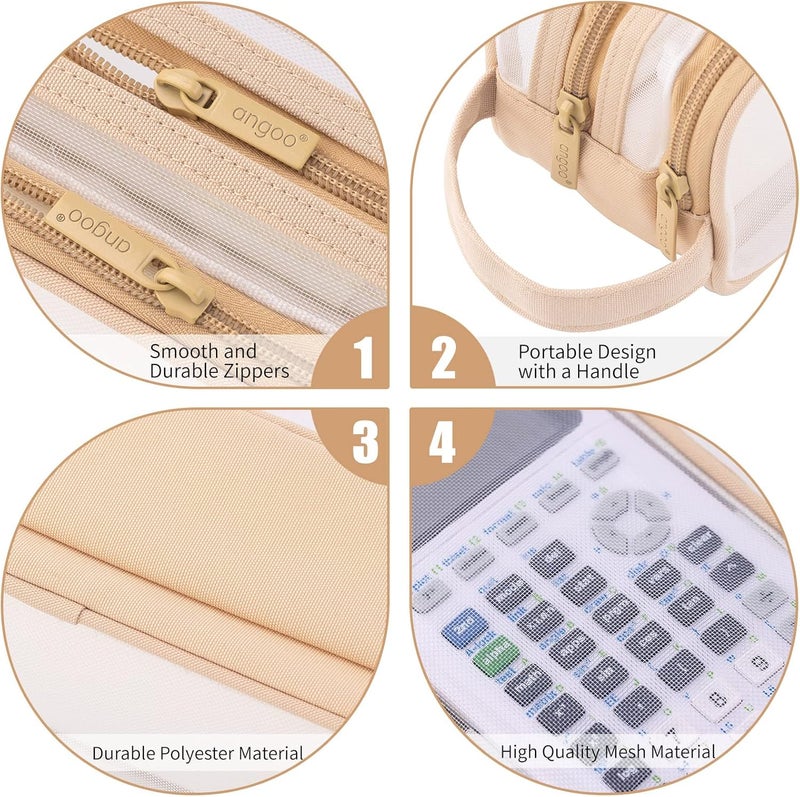 ANGOOBABY Large Grid Mesh Pencil Case 2 Compartment Pen Bag Clear Handheld Multifunction Pencil Pouch Transparent Makeup Bag for Teen Student College Business Travel Office Adult - Beige - Image 4